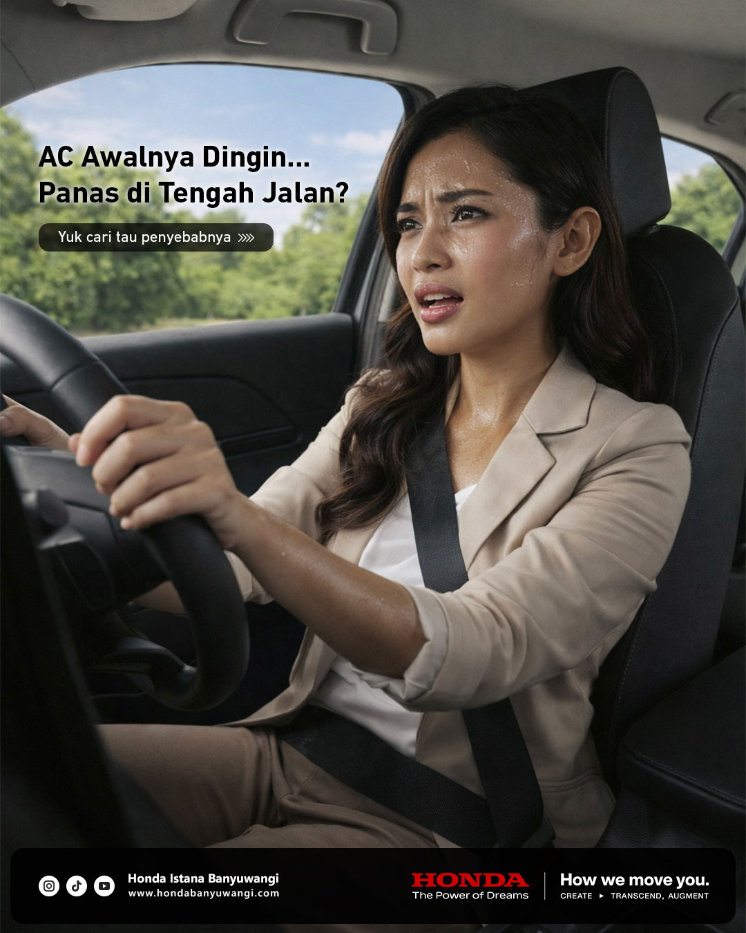 Seorang wanita merasa kepanasan karena AC mobil tidak dingin