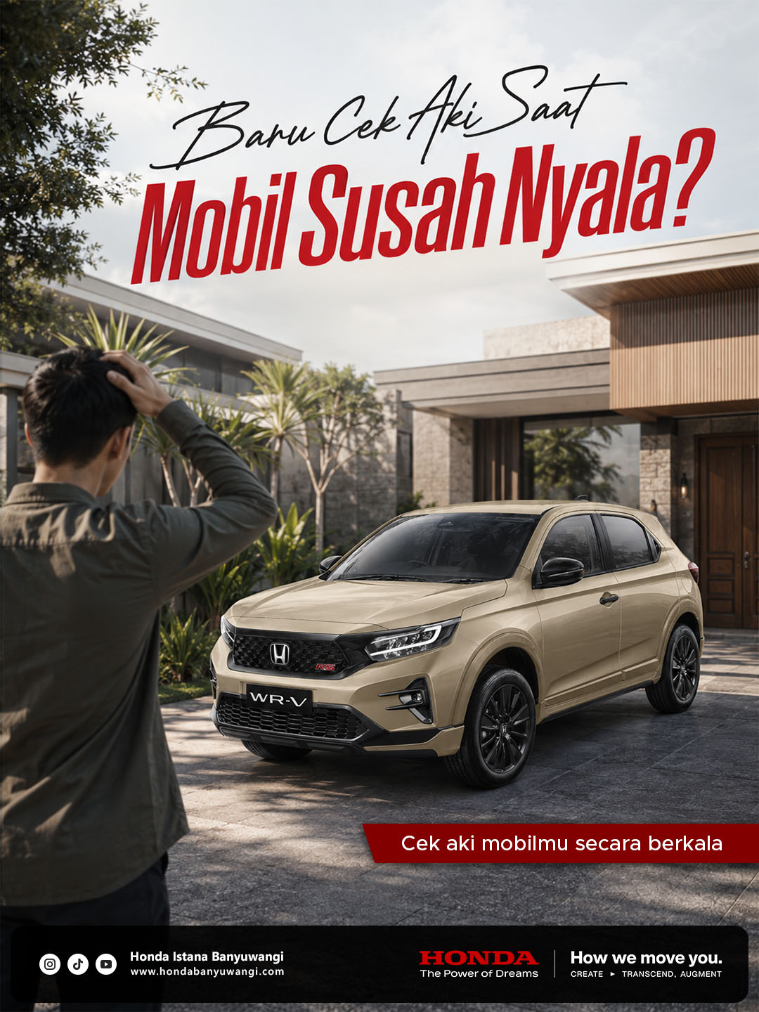 Seorang pria panik karena mobil tidak bisa starter